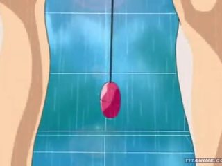 Attractive little Anime cat damsel with splendid titties plays with a vibrator in the shower and sucks Big manhood